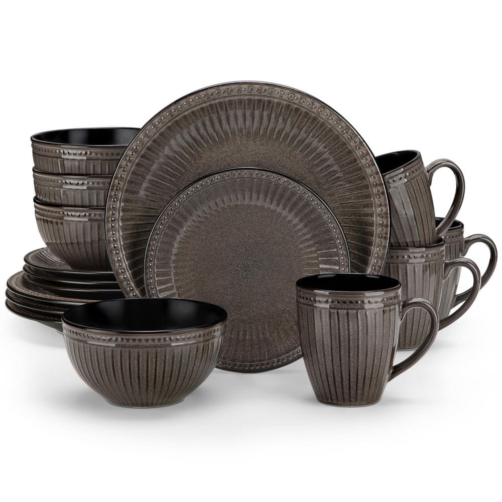 16-Piece Dark Brown Porcelain Dinnerware Set Service for 4-Bowls and Plates Dinner Set Embossed Dots Pattern Tableware - Hercitys