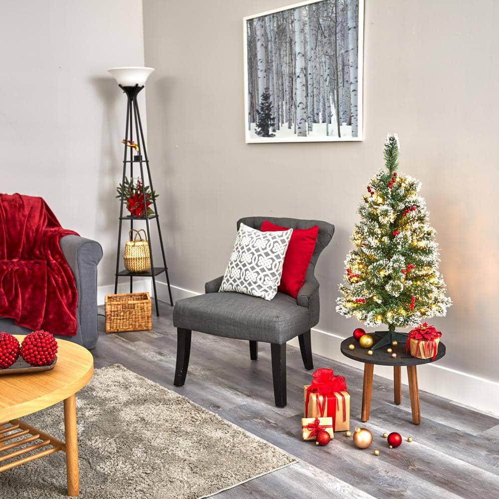 3 ft. Pre-lit Frosted Swiss Pine Artificial Christmas Tree with 50 Battery Operated Clear LED Lights and Berries - Hercitys