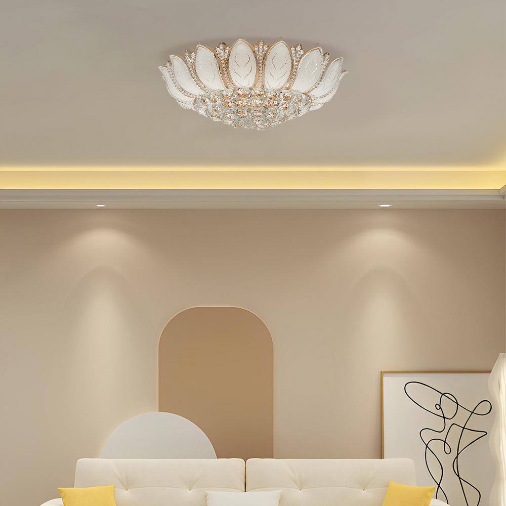 23.62 in. 7-Light Modern Gold Lotus Flower Shape Crystal Flush Mount Ceiling Lamp and No Bulbs Included - Hercitys