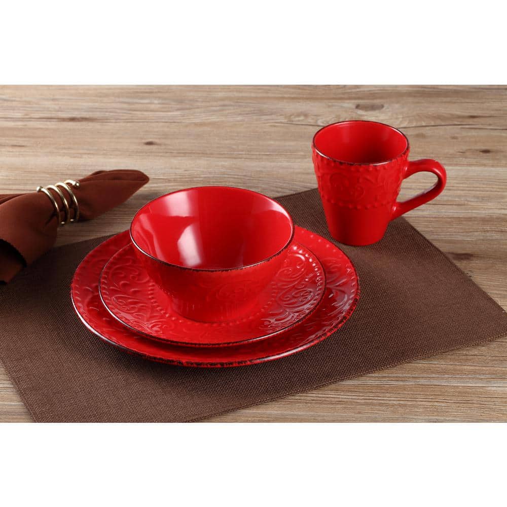 16-Piece Stoneware Scroll Dinnerware Set-Red - Hercitys