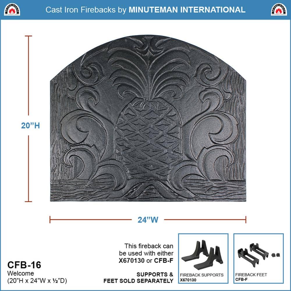 24 in. L Black Cast Iron Welcome Fireback with Pineapple Design - Hercitys