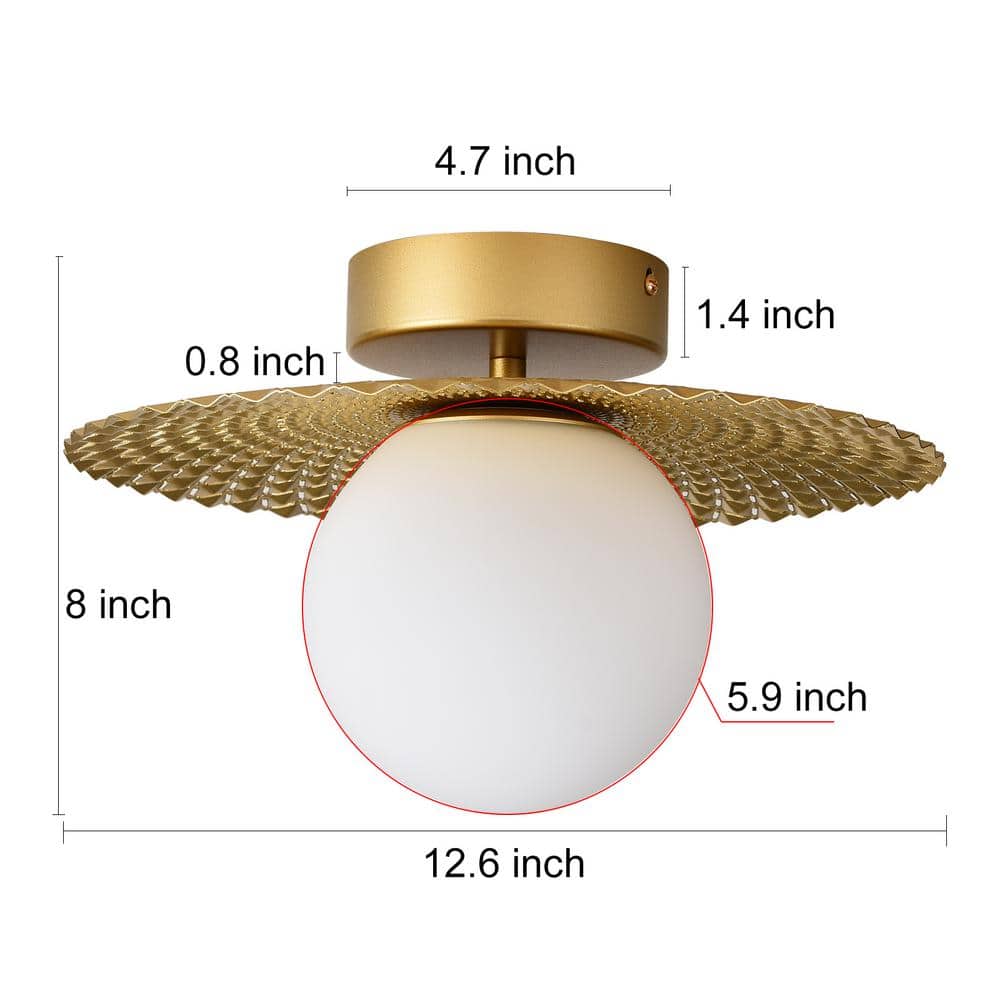 12.6 in. 1-Light Golden Diffuser Semi-Flush Mount Ceiling Light with Metal Pleated Shade and White Glass Shade - Hercitys