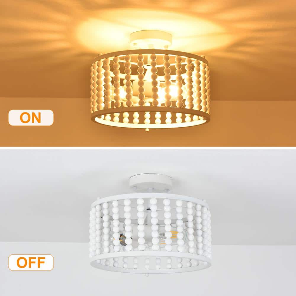 12.6 in. 3-Light White Farmhouse Wood Beaded Shade Semi-Flush Mount Ceiling Light - Hercitys