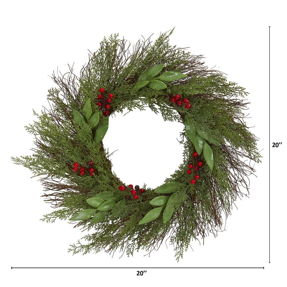 20in. Cedar and Ruscus with Berries Artificial Wreath - Hercitys