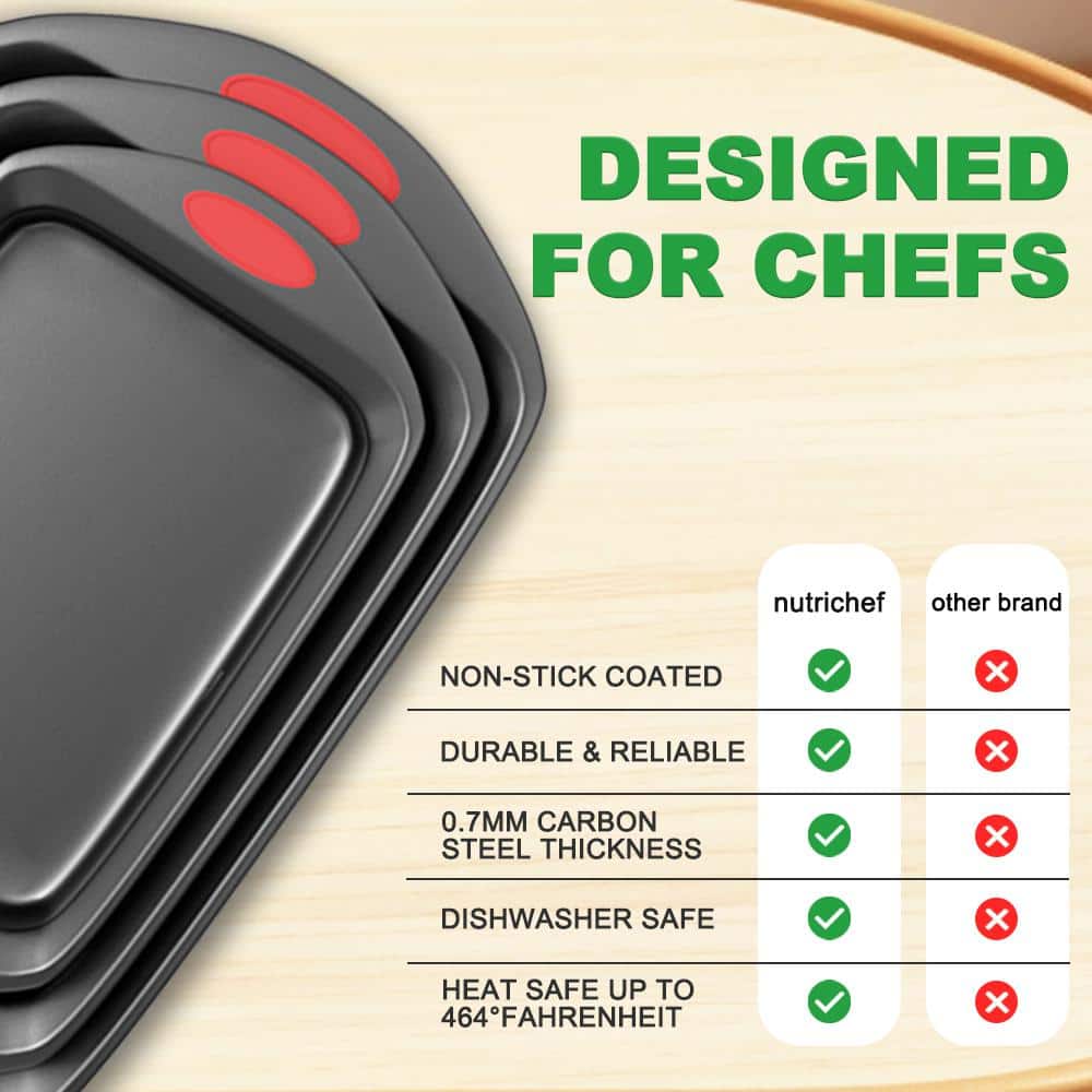 3-Piece Nonstick Baking Pan Sheet with Red Silicone Handles Set - Hercitys