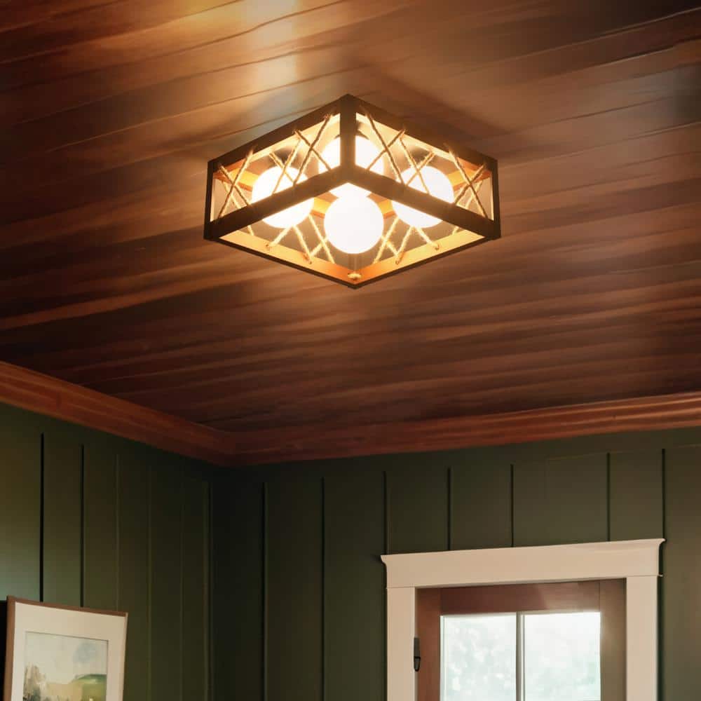 16 in. 25-Watt Farmhouse Rustic Square Wood Dimmable LED Flush Mount Ceiling Light with Acrylic Shatterproof Shade - Hercitys