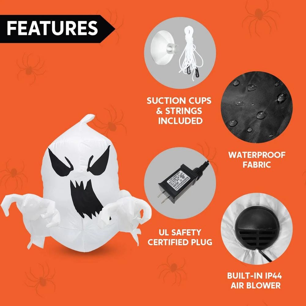 4.5 ft. White Halloween Inflatable Scary Flying Ghost Made of Polyester - Hercitys