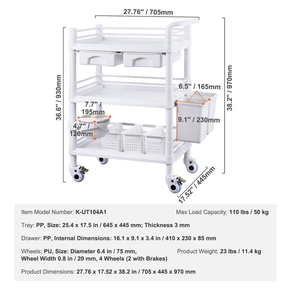 3 Tiers Lab Carts, Lab Utility Cart with 3 Trays & 4 Silent Wheels, Mobile Medical Cart, Lab Cart White Kitchen Cart - Hercitys