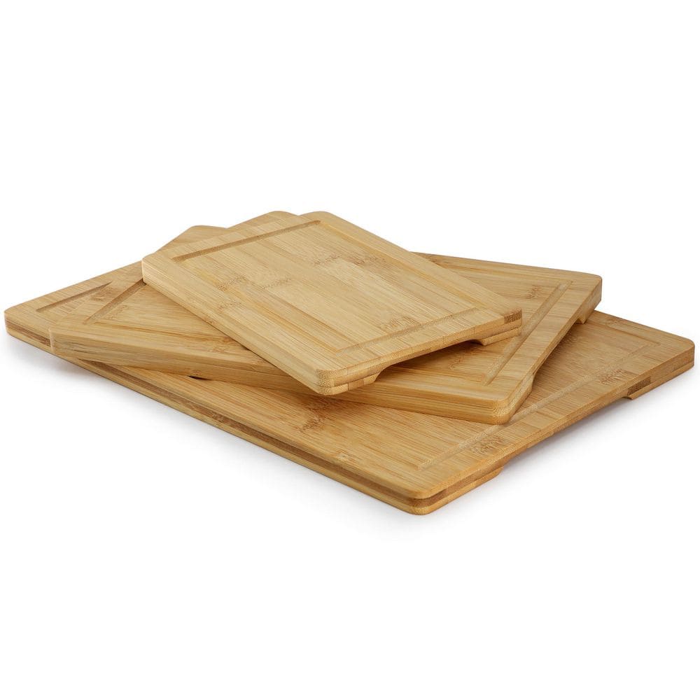 3 Piece 9 in., 12 in., and 15 in. Bamboo Wood Cutting Board Set with Juice Grooves - Hercitys