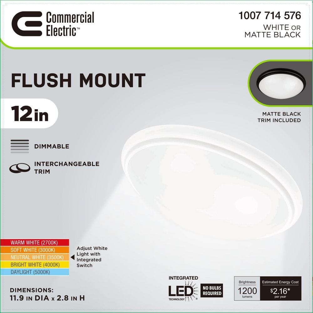 12 in. Light Matte Black and White Adjustable CCT Integrated LED Ceiling Flush Mount Fixture with Interchangeable Trim - Hercitys
