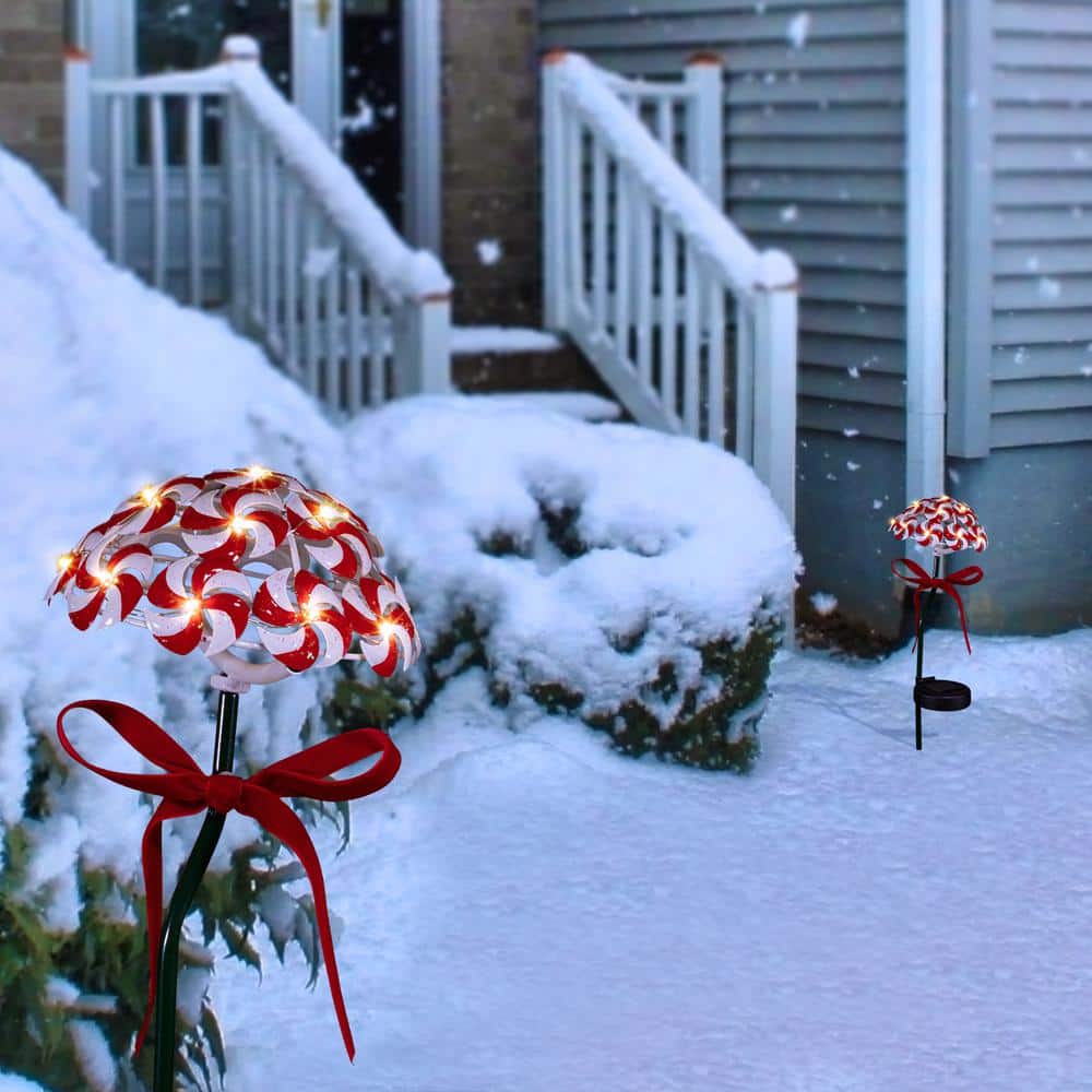20 in. Tall Solar Candy Cane Pathway Stakes with LED Lights, Set of 2, Red/White - Hercitys