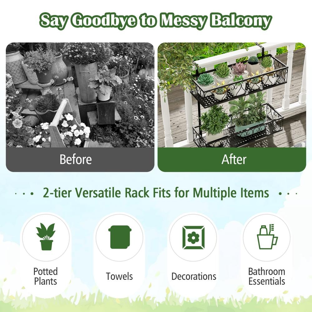 2-Tier Metal Hanging Flower Rack Flower Pot Holder w/Adjustable Hooks Railing Basket Shelf Potted Plant Container - Hercitys