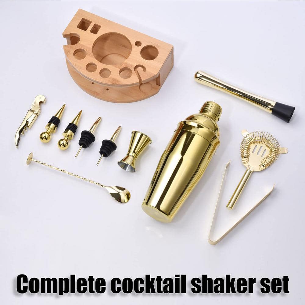 12-Piece 25 oz. Gold Cocktail Shaker Set, Stainless Steel Bar Tool Set, Bartender Kit with Stylish Bamboo Stand - Hercitys
