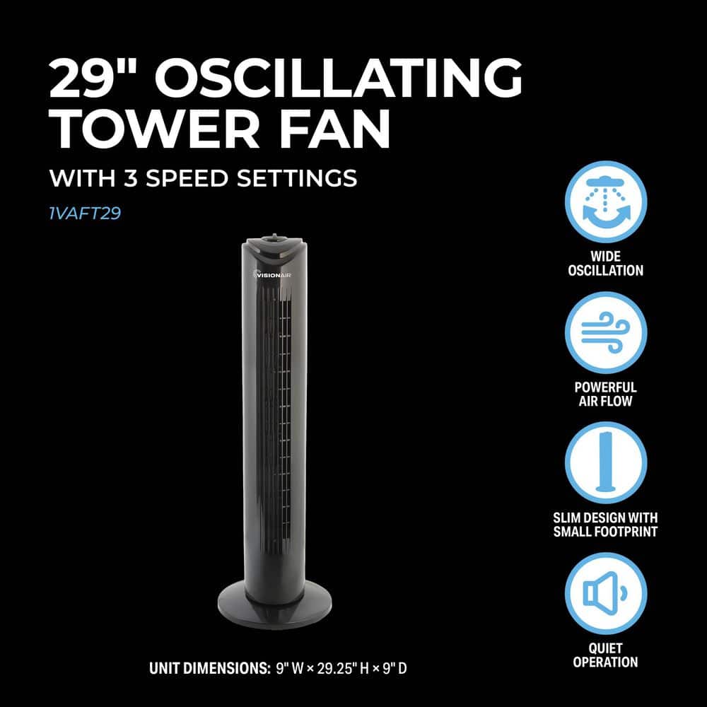 29 in. 3 Fan Speeds Oscillating Tower Fan in Black - Hercitys