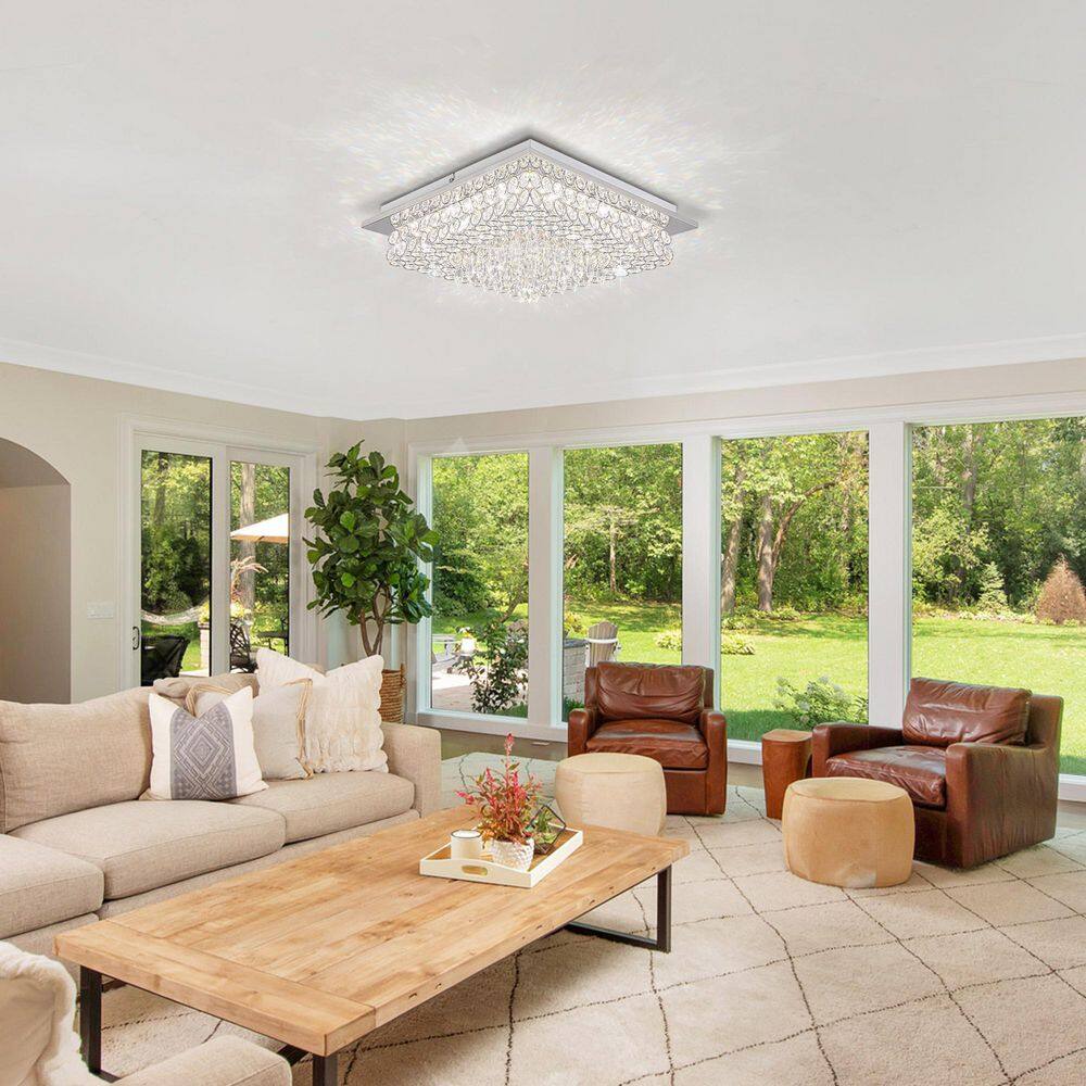 15 In. 18-Watt Modern Silver Integrated LED Flush Mount Lighting with Crystal Glass Shade Bedroom Ceiling Light - Hercitys