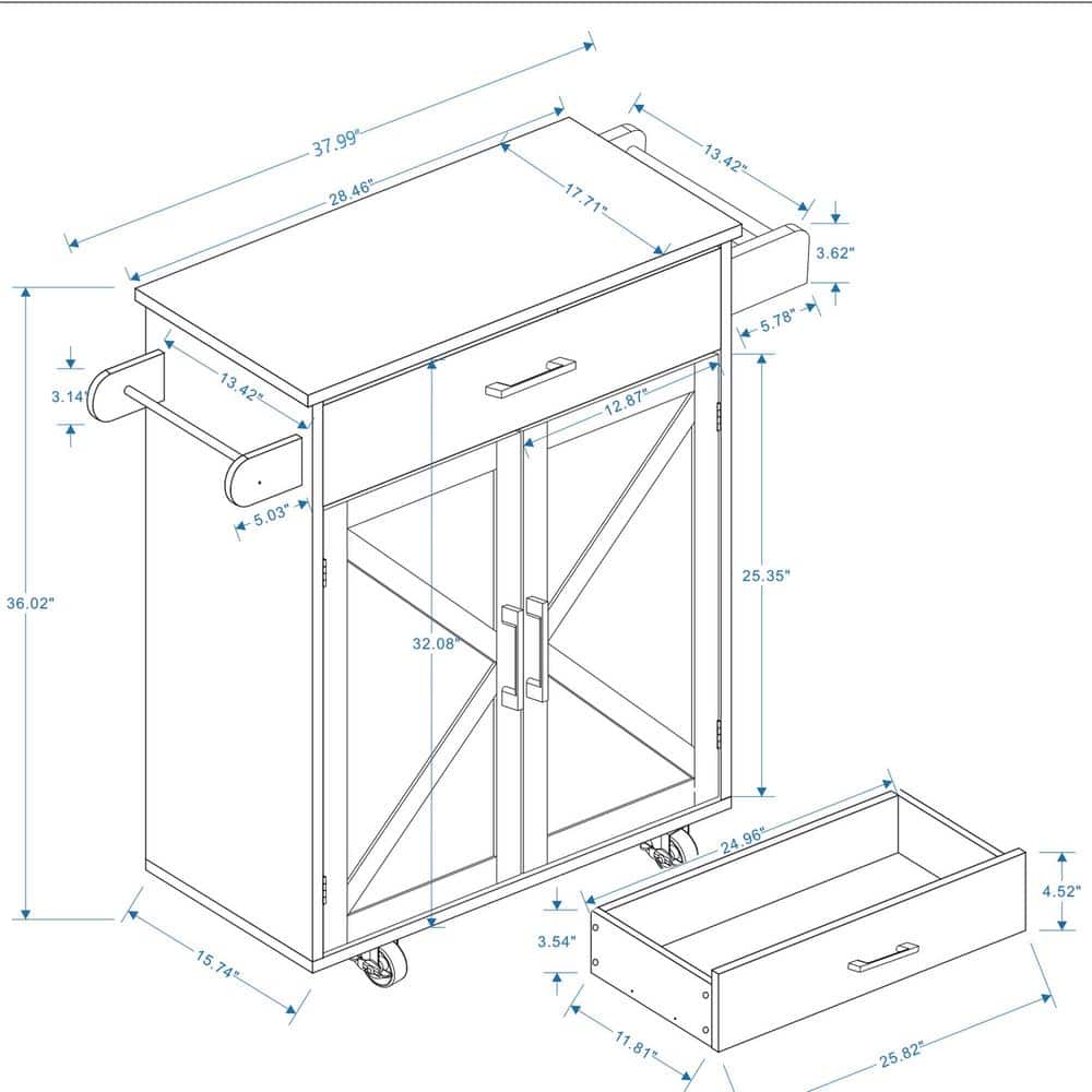 37.99 In. White Wood Kitchen Cart with Adjustable Shelves and Towel Rack Rubber Wood Table Top - Hercitys