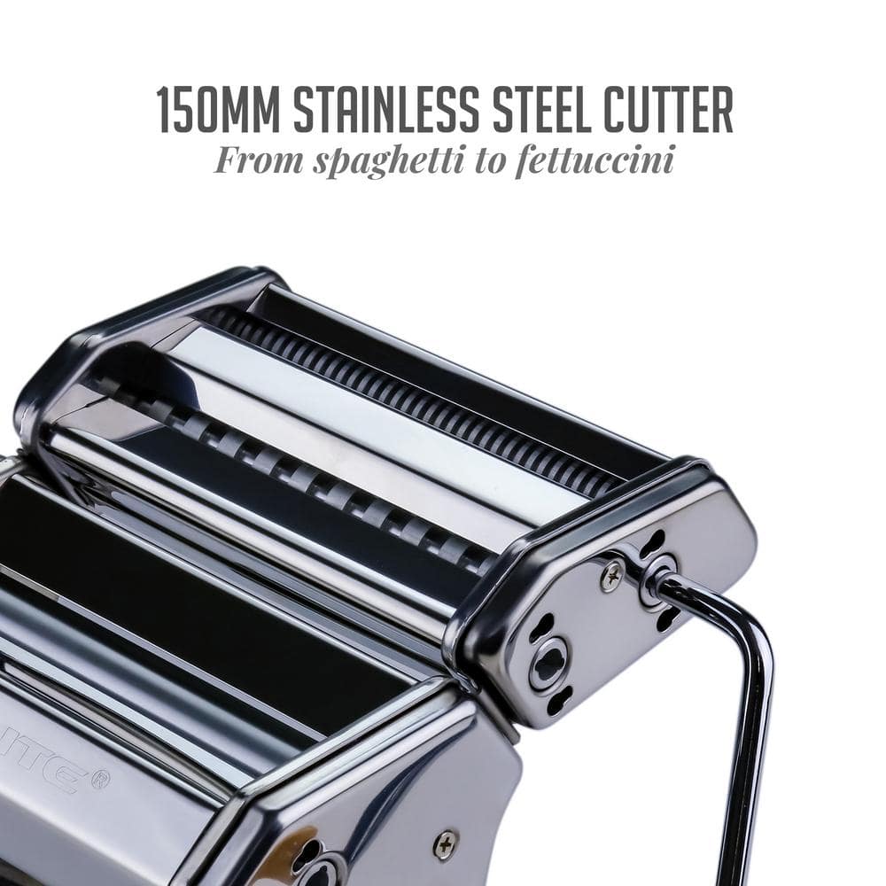 150 mm Silver Stainless Steel Manual Pasta Maker with 7 Thickness Settings and 3 Premium Attachments - Hercitys