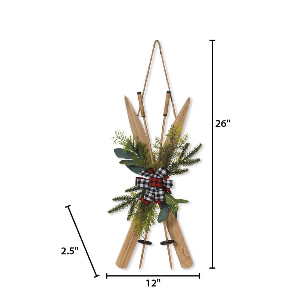 26 in. H Wood Ski Wall Hanging w/Floral & Fabric Bow Accent - Hercitys
