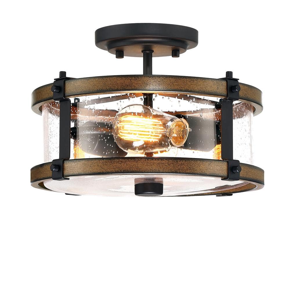 12.2 in. W. 2-Light Semi Flush Mount with Matte Black, Barnwood Accents and Seeded Glass Shade - Hercitys