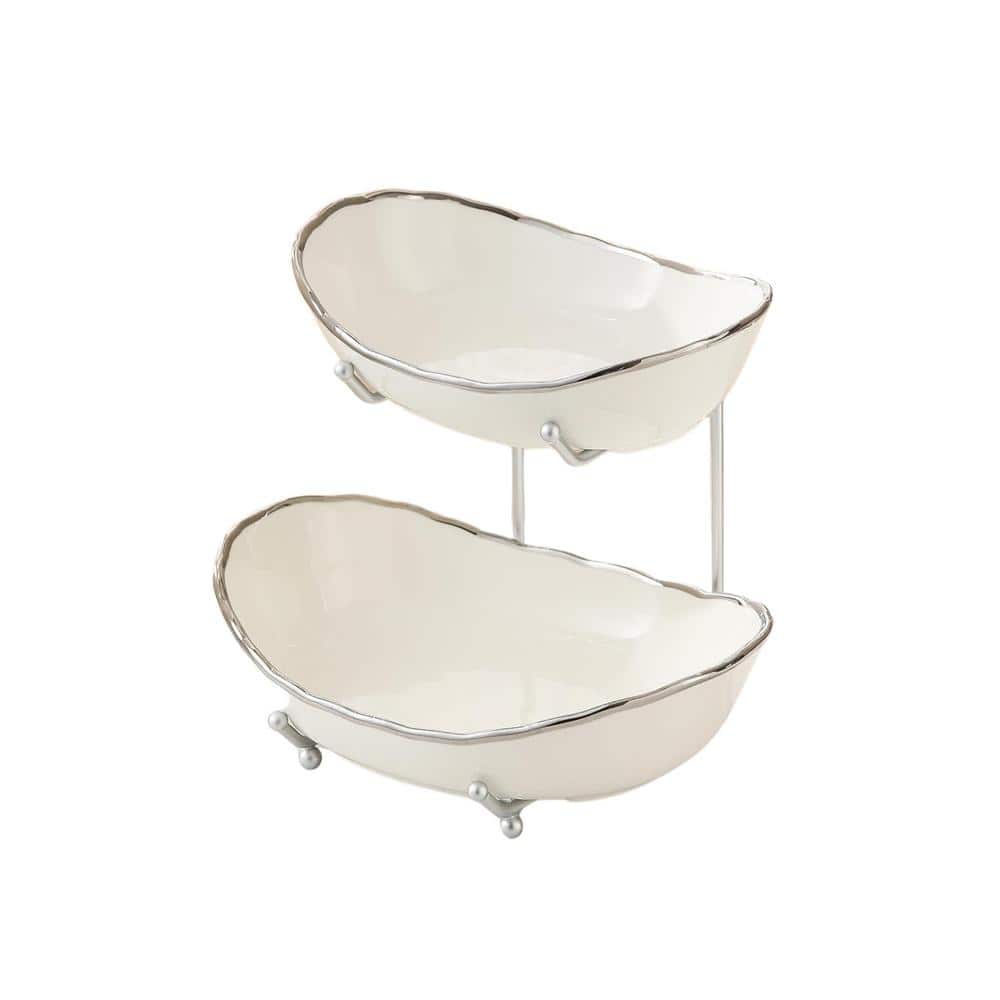 2-Tier Ceramic Fruit Bowl for Kitchen Countertop and Modern Multi Layer Fruit Display Stand (Silver-rimmed) - Hercitys