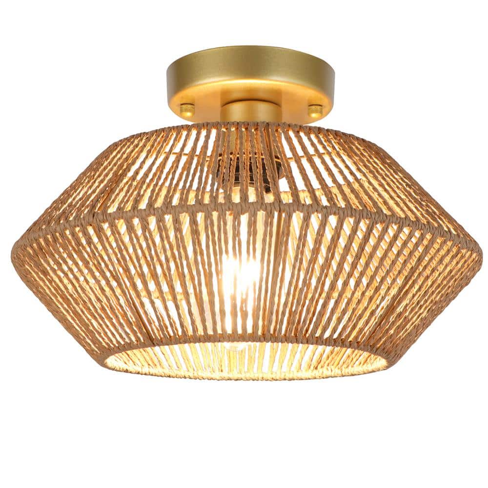 1-Light Gold Canopy Bohemian Rattan Semi Flush Mount Ceiling Light for Dining Room Foyer Entrance Kitchen Bedroom - Hercitys