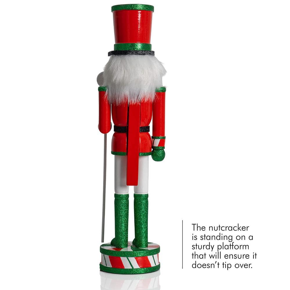 15 in. Wooden Peppermint Christmas Nutcracker -Red, White and Green Glitter Candy Holiday Nutcracker Toy Soldier - Hercitys