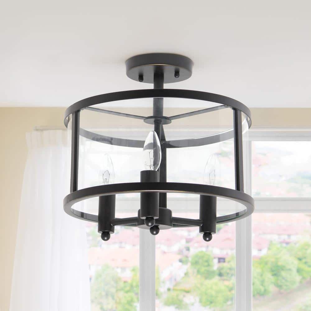 13 in. 3-Light Black Iron and Glass Shade Industrial Ceiling Mounted Round Semi-Flush Mount - Hercitys