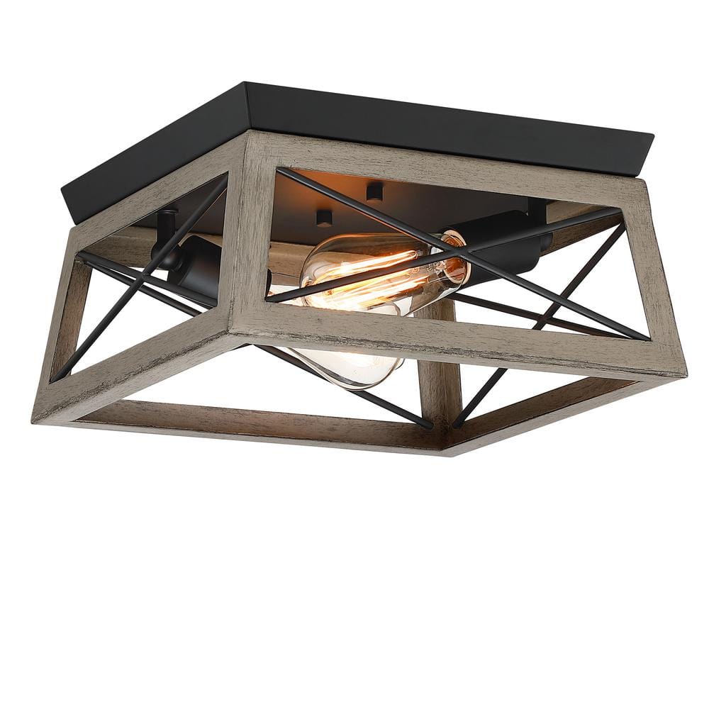 12 in. W. 2-Light Flush Mount with Matte Black finish and Anchor Grey Oak accents - Hercitys