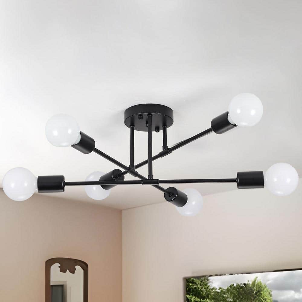 20.66 in. 6-Light Black Sputnik Modern Semi-Flush Mount Ceiling Light - Hercitys