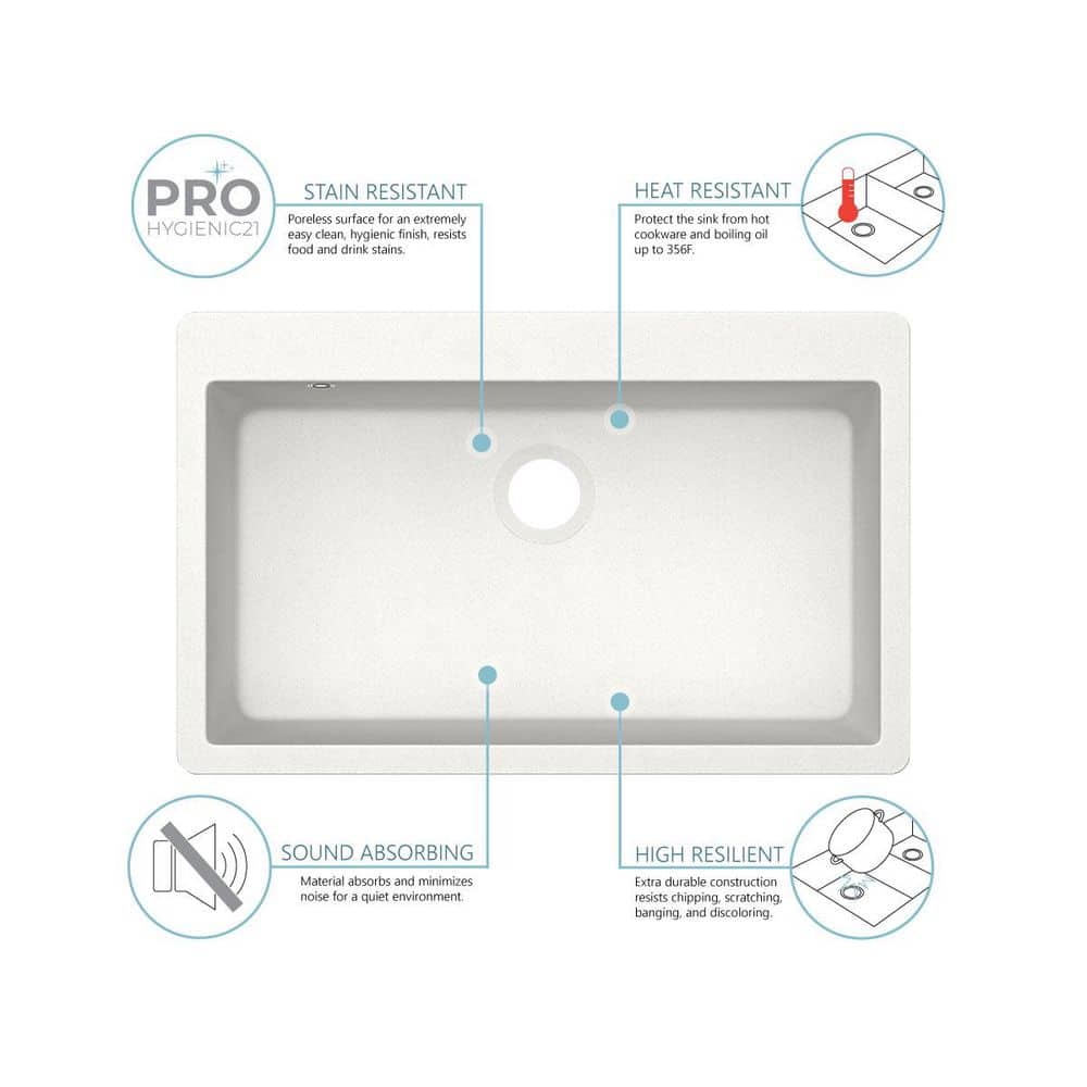 33 in. Drop-in/Undermount Single Bowl Quartz Kitchen Sink in White - Hercitys