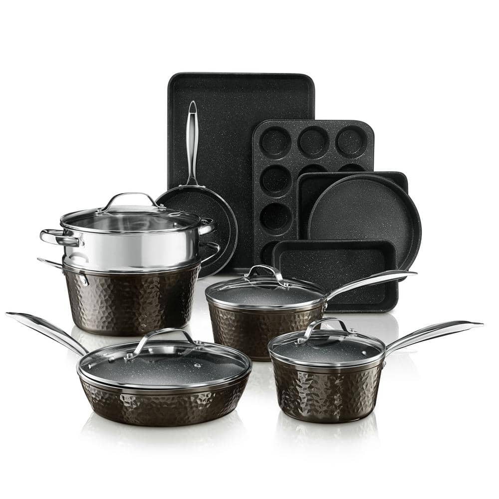 15-Piece Aluminum Hammered Ultra-Durable Non-Stick Diamond Infused Cookware and Bakeware Set in Pewter - Hercitys
