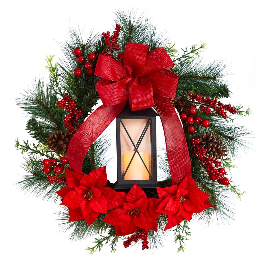28 in. Red Pre-Lit Poinsettia and Berry Holiday Lantern Artificial Christmas Wreath with LED Candle - Hercitys