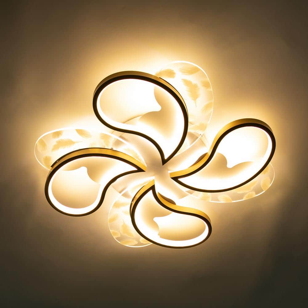 19.68 in. 1-Light Gold and White Modern Petal-Shaped Dimmable Selectable LED Semi-Flush Mount Ceiling Light with Remote - Hercitys