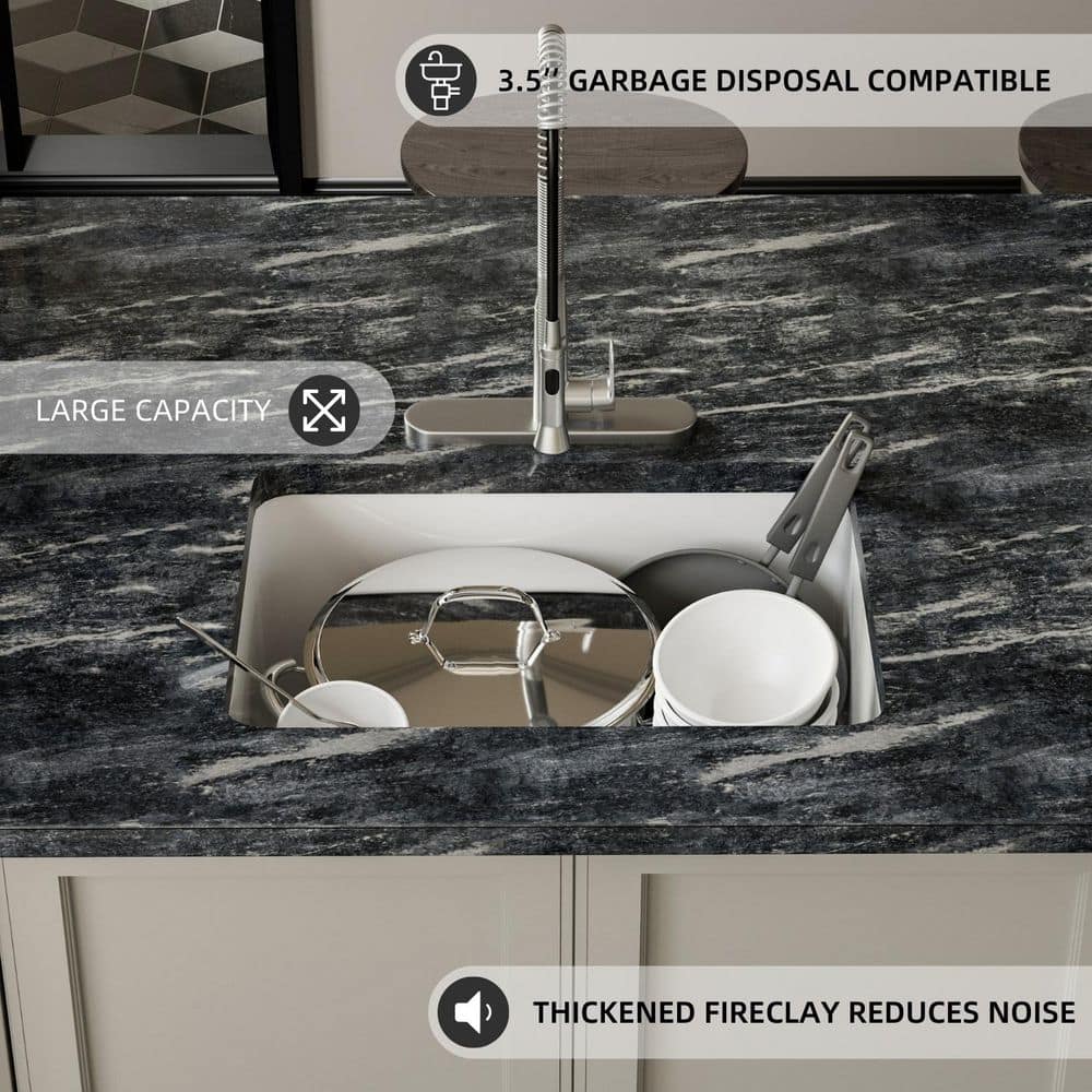 24 in. White Undermount/Drop-in Kitchen Sink Single Bowl, Fireclay Drop-in Kitchen Sink, Drain Kit and Grid Included - Hercitys