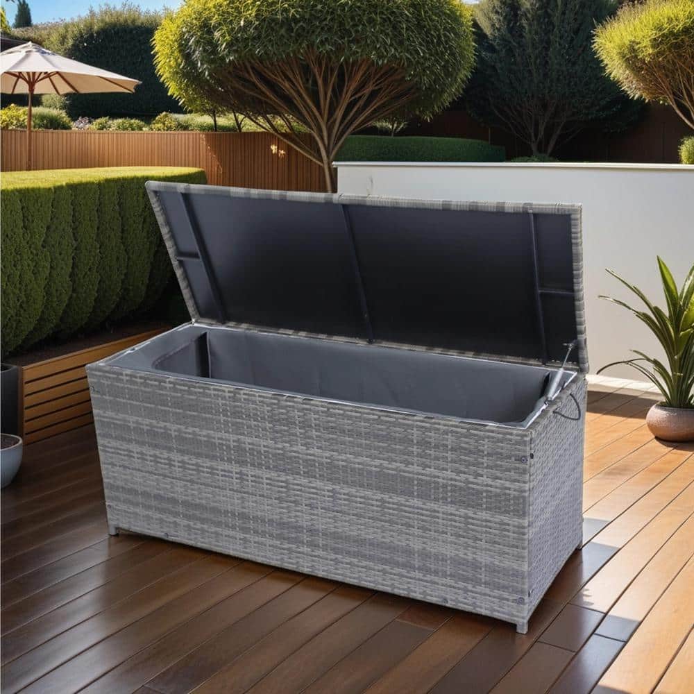 113 Gal. Wicker Patio Deck Boxes with Lid, Outdoor Storage for Kids Toys, Pillows, Towel Gray for Indoors and Outdoors - Hercitys