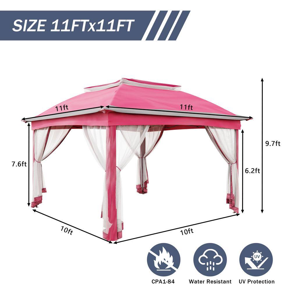 11 ft. x 11 ft. Pink Steel Pop-Up Gazebo with Mosquito Netting - Hercitys