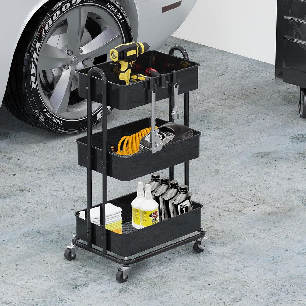 3-Tier Metal -Wheeled Utility Cart in Black - Hercitys