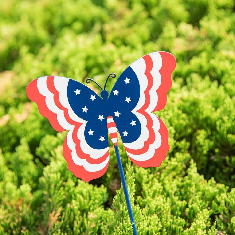 24 in. H Set of 3 Patriotic/Americana Metal Butterflies Yard Stake (KD) - Hercitys