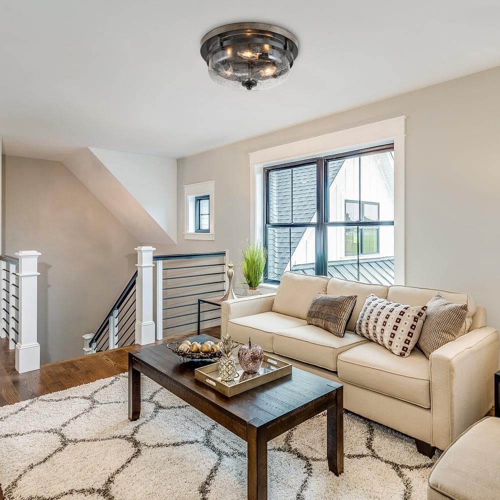 13.5 in. 3-Light Rough Black/Dark Gray Drum Semi-Flush Mount with Faux Wood Textured Plate & Clear Seeded Glass Shade - Hercitys