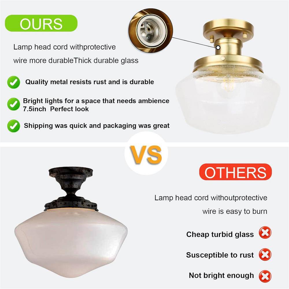 10 in. 1-Light Gold Semi Flush Mount Farmhouse Ceiling Light Fixture with Seeded Glass Shade E26 Bulb Base Ceiling Light - Hercitys