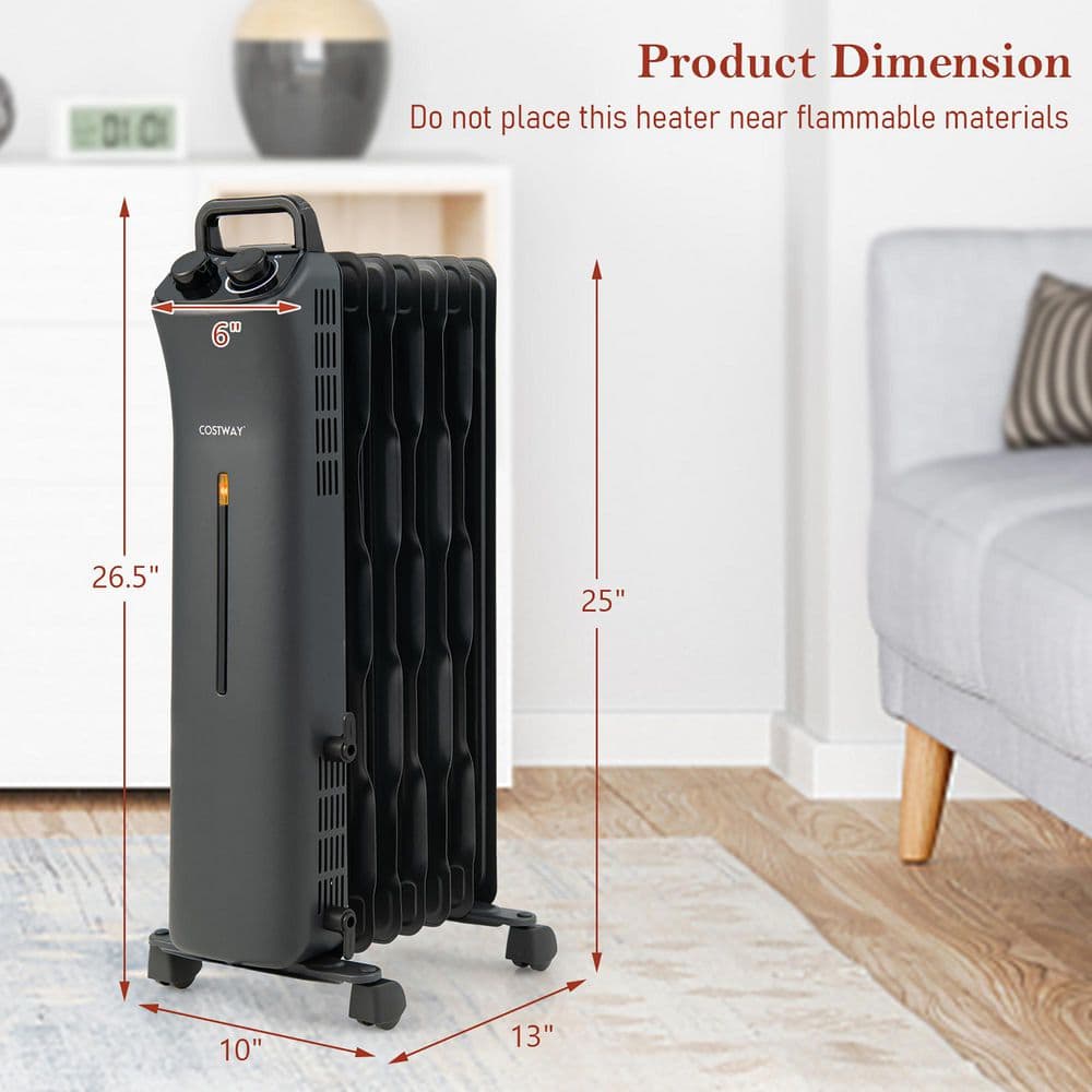1500-Watt Electric Heater Oil Filled Space Heater with Adjustable Thermostat - Hercitys
