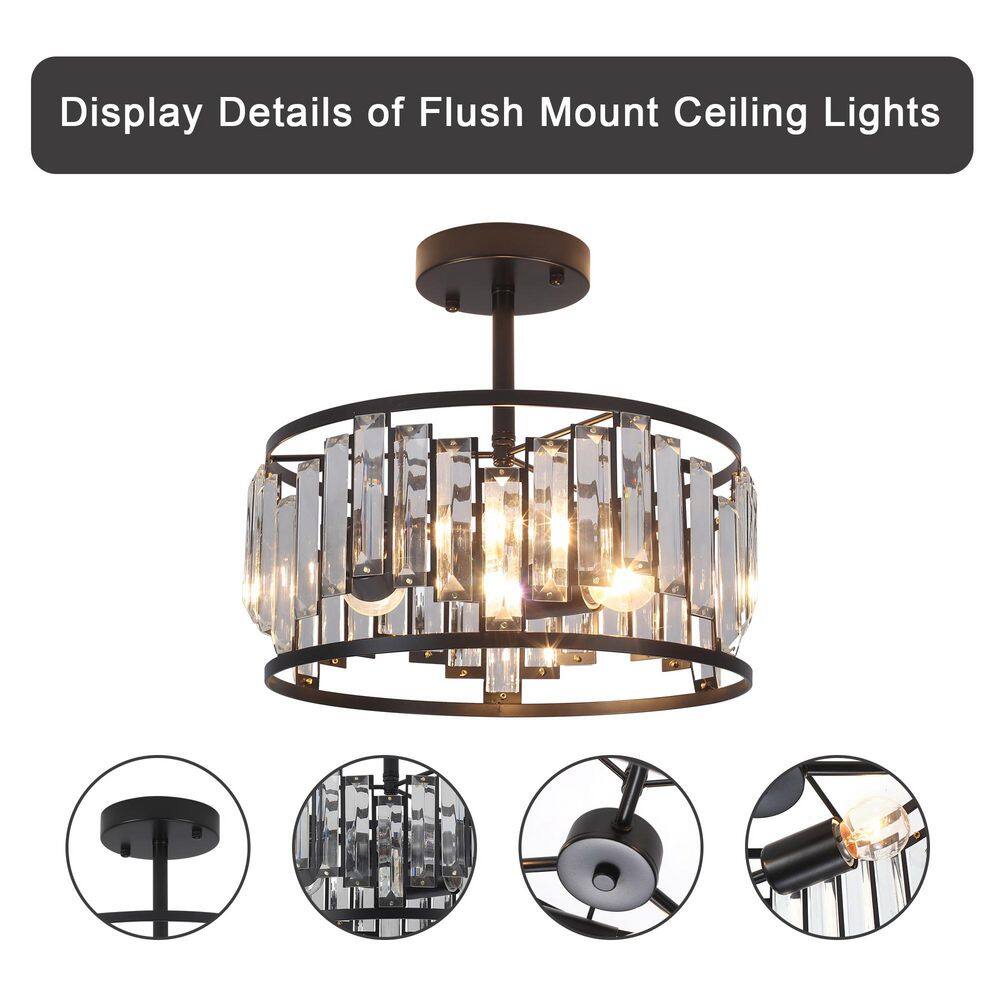 12.6 in. 3-Light Matte Black Semi Flush Mount Light with Clear Glass Shade - Hercitys