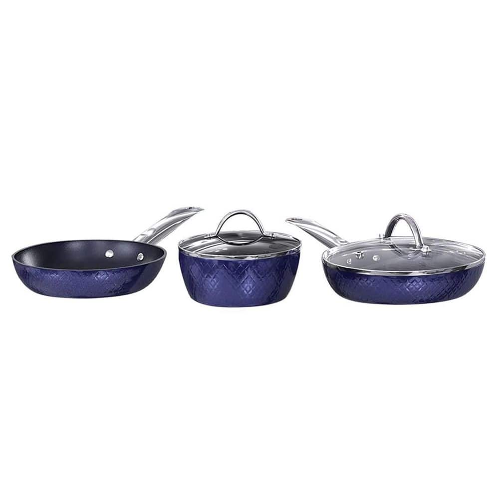 3-Piece Blue Stainless Steel Non-Stick Ceramic Cookware Set with Induction Fry Pan and Pot Saucepan with Lid - Hercitys