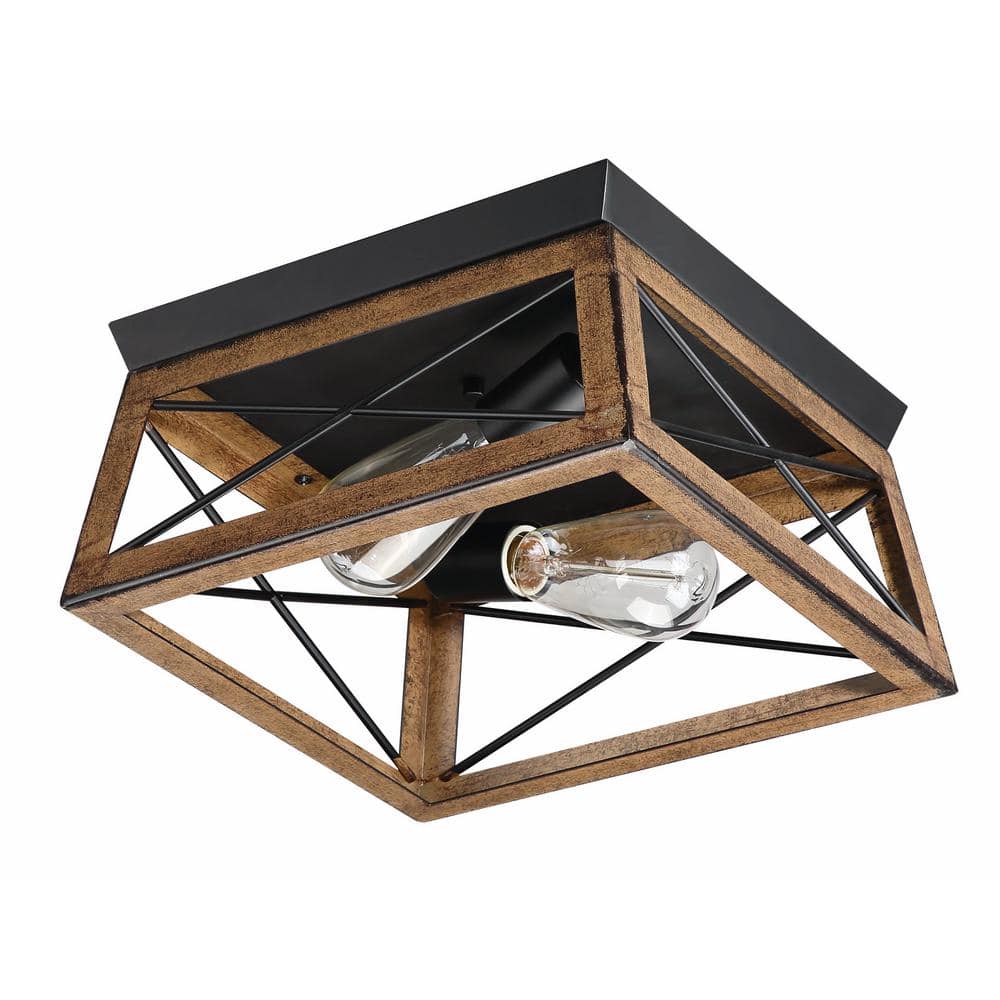 2-Light Farmhouse Barnwood and Matte Black Flush Mount Ceiling Light - Hercitys