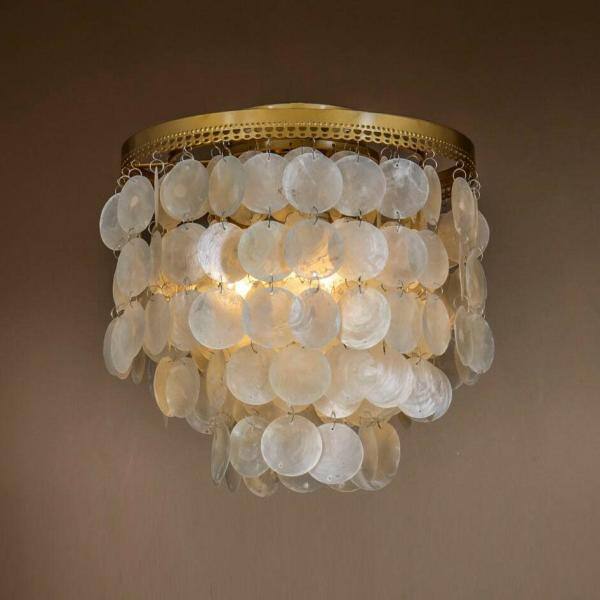 13in 3-Light Small Coastal Natural Capiz Seashell Flush Mount Lighting in Antique Brass - Hercitys