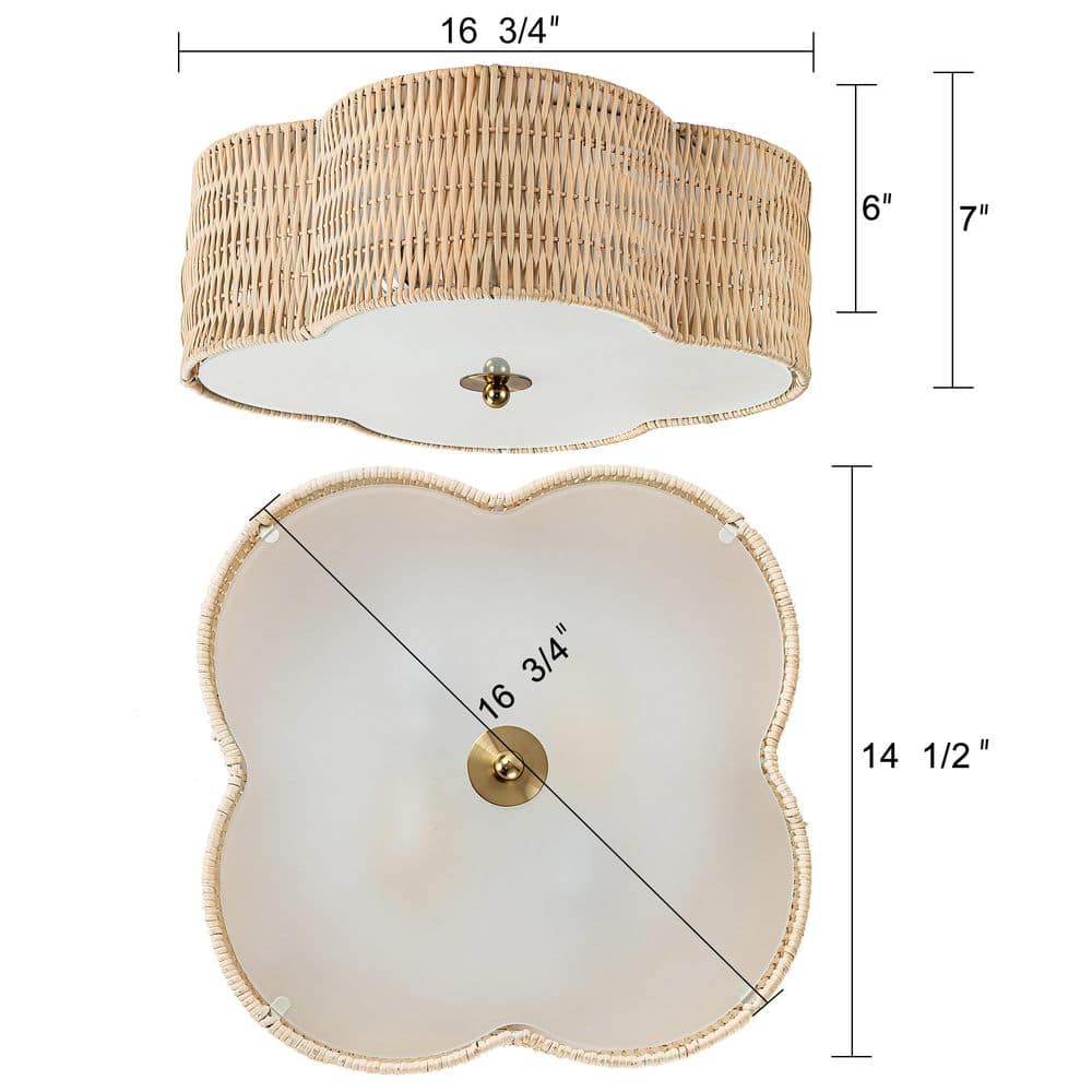 16.75 in. 2-Light Rattan Ceiling Flush Mount with Glass Bottom - Hercitys