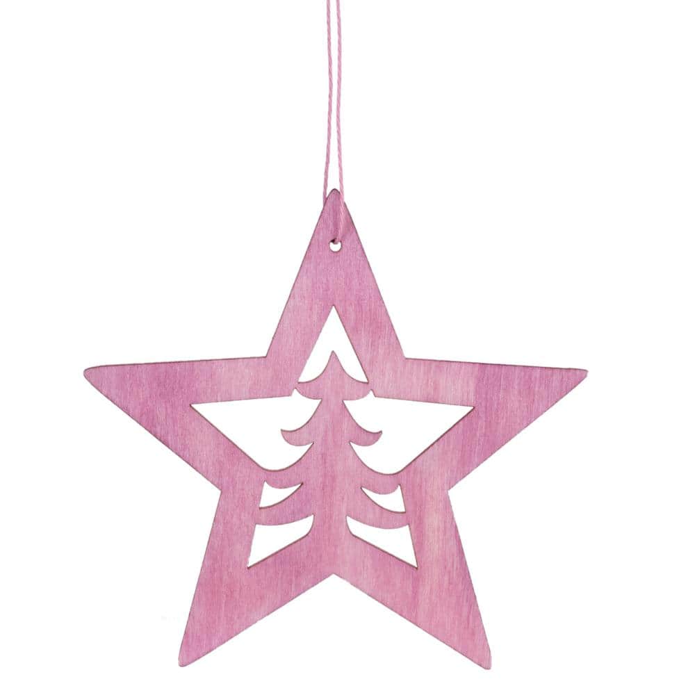 4 in. Pink Wooden Cut Out Star Christmas Ornament - Hercitys