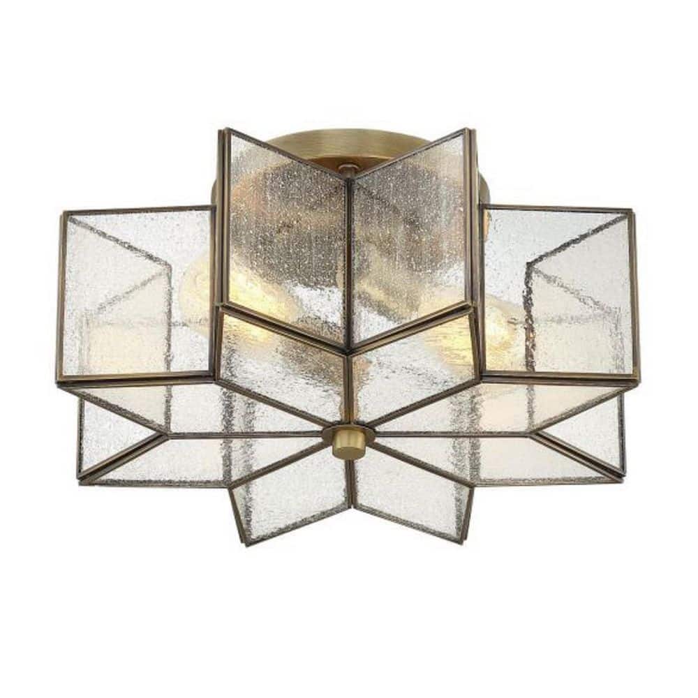 16 in. W x 7 in. H 2-Light Natural Brass Semi-Flush Mount Ceiling Light with Clear Seeded Glass Shade - Hercitys