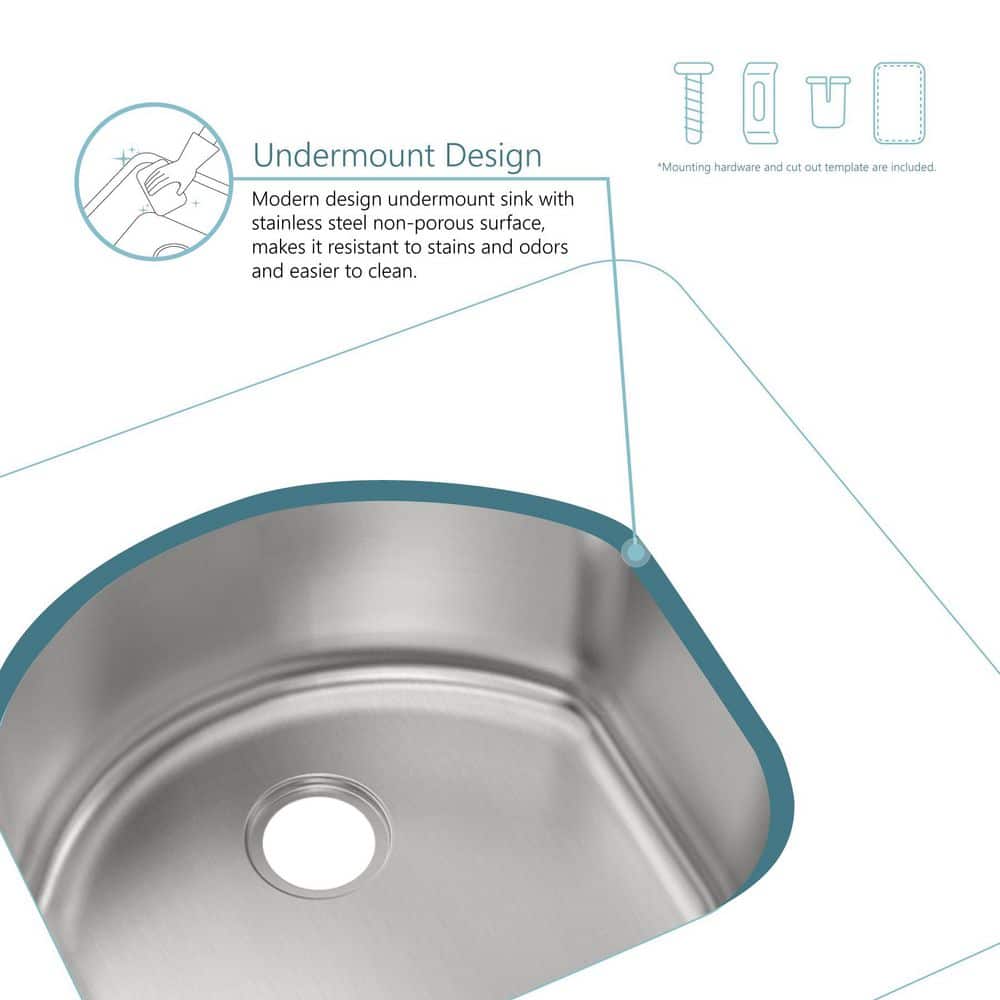 23 in. Undermount D-Shape Single Bowl 18 Gauge Stainless Steel Kitchen Sink - Hercitys