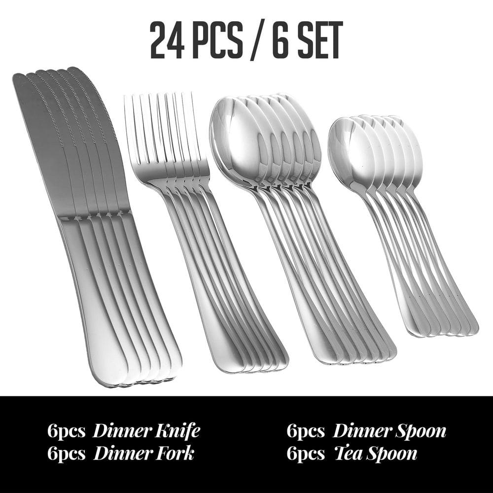 24-Piece Silverware Set Service for 6, Durable Stainless Steel Flatware Cutlery Utensil, Silver FL20241CH - Hercitys